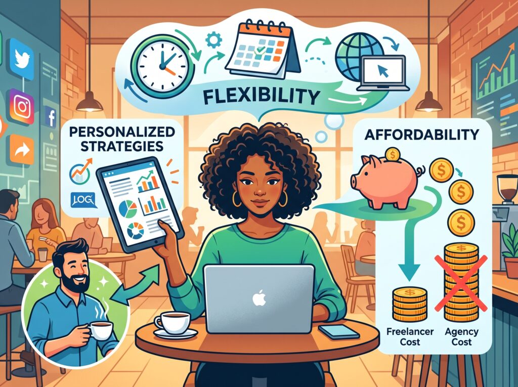 An illustrative infographic titled "Benefits of Hiring a Freelance," depicting a woman with curly hair working on a laptop in a café. Three primary benefits are highlighted in speech bubbles and panels