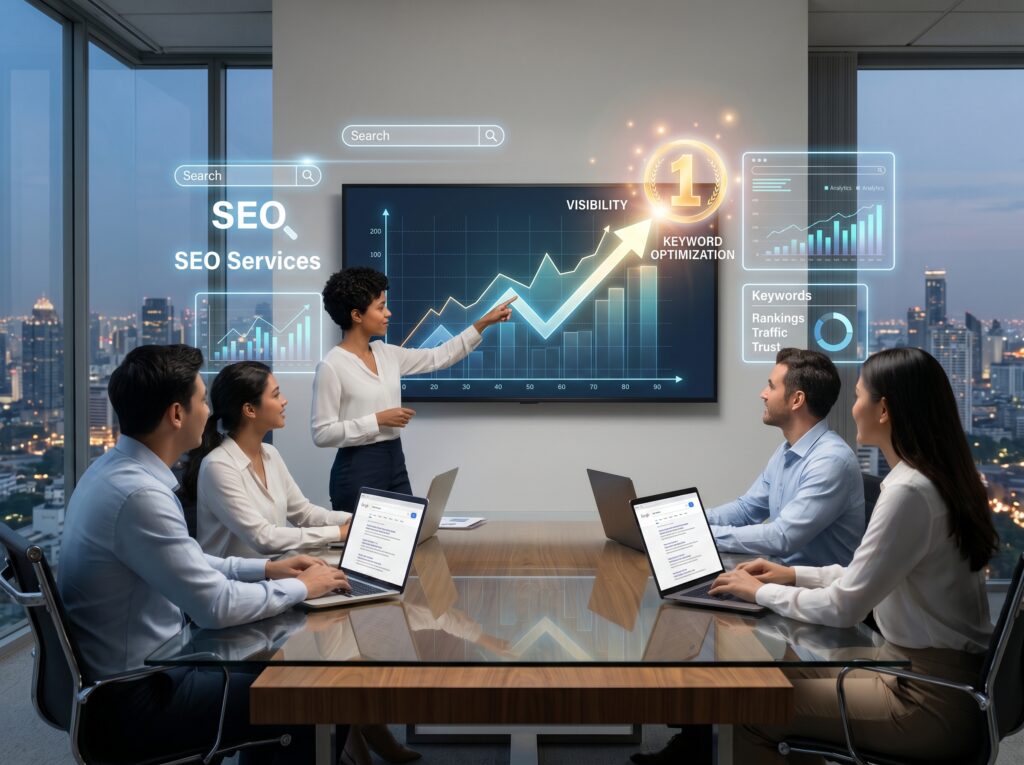 Team of marketing professionals in a modern office presenting SEO services and keyword optimization strategies on a digital analytics screen showing increased visibility and search rankings.