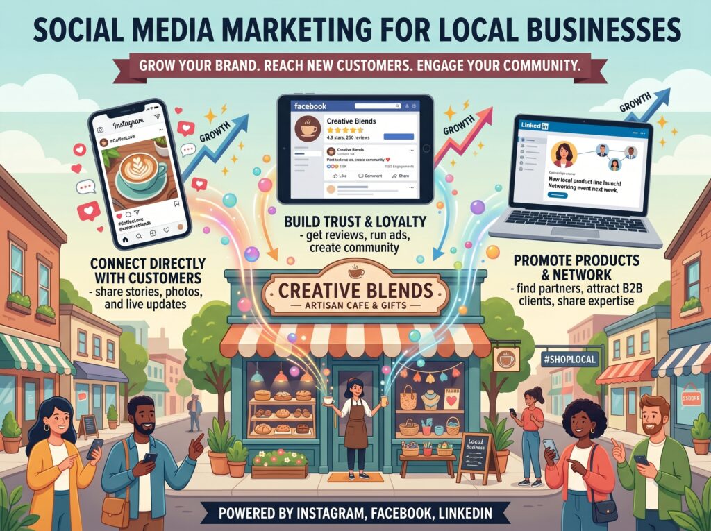 “Illustrated infographic about social media marketing for local businesses featuring a café called Creative Blends. The design shows Instagram, Facebook, and LinkedIn examples explaining how local businesses can connect with customers, build trust and loyalty, and promote products and networking opportunities. People are shown using smartphones around a colorful small-town café scene with growth arrows and social media icons.”
