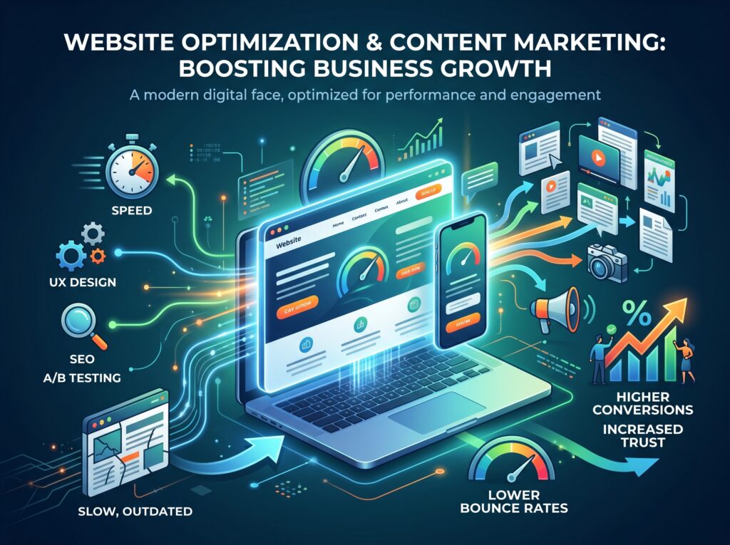 “Illustration of website optimization and content marketing strategies showing a laptop and mobile website dashboard with speed, UX design, SEO, A/B testing, and analytics elements leading to higher conversions, increased trust, and lower bounce rates.”