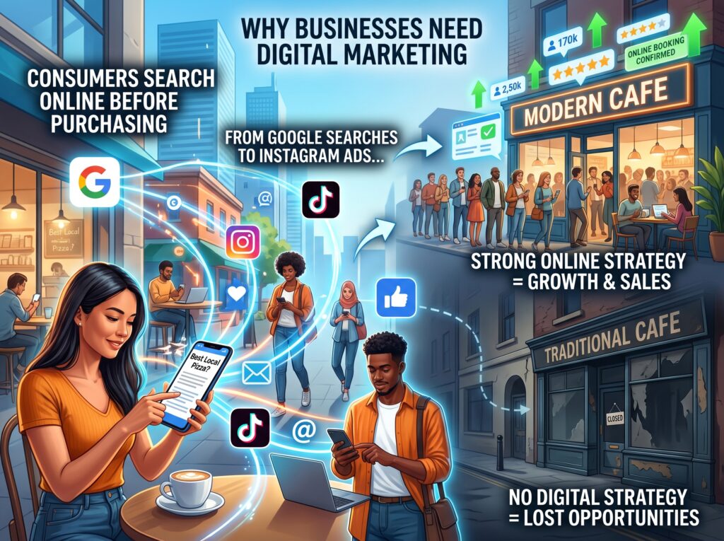 Illustration explaining why businesses need digital marketing, showing consumers searching online through Google, Instagram, TikTok, and social media before purchasing. A modern café with strong online marketing appears busy and successful, while a traditional café without a digital strategy appears closed and empty, highlighting growth, sales, and lost opportunities